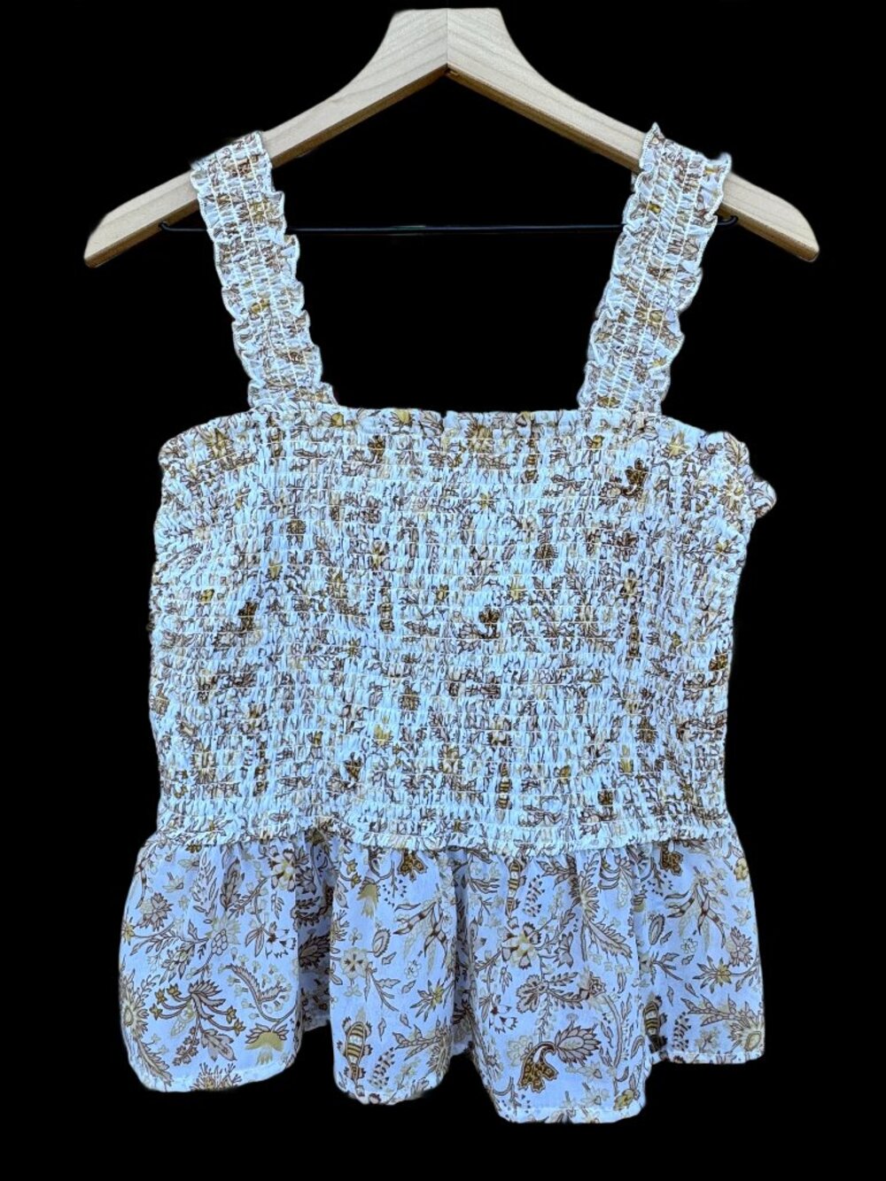 Japna Sleeveless Smocked Top XL Cream Tan Floral Romantic Prairie Boho Chic